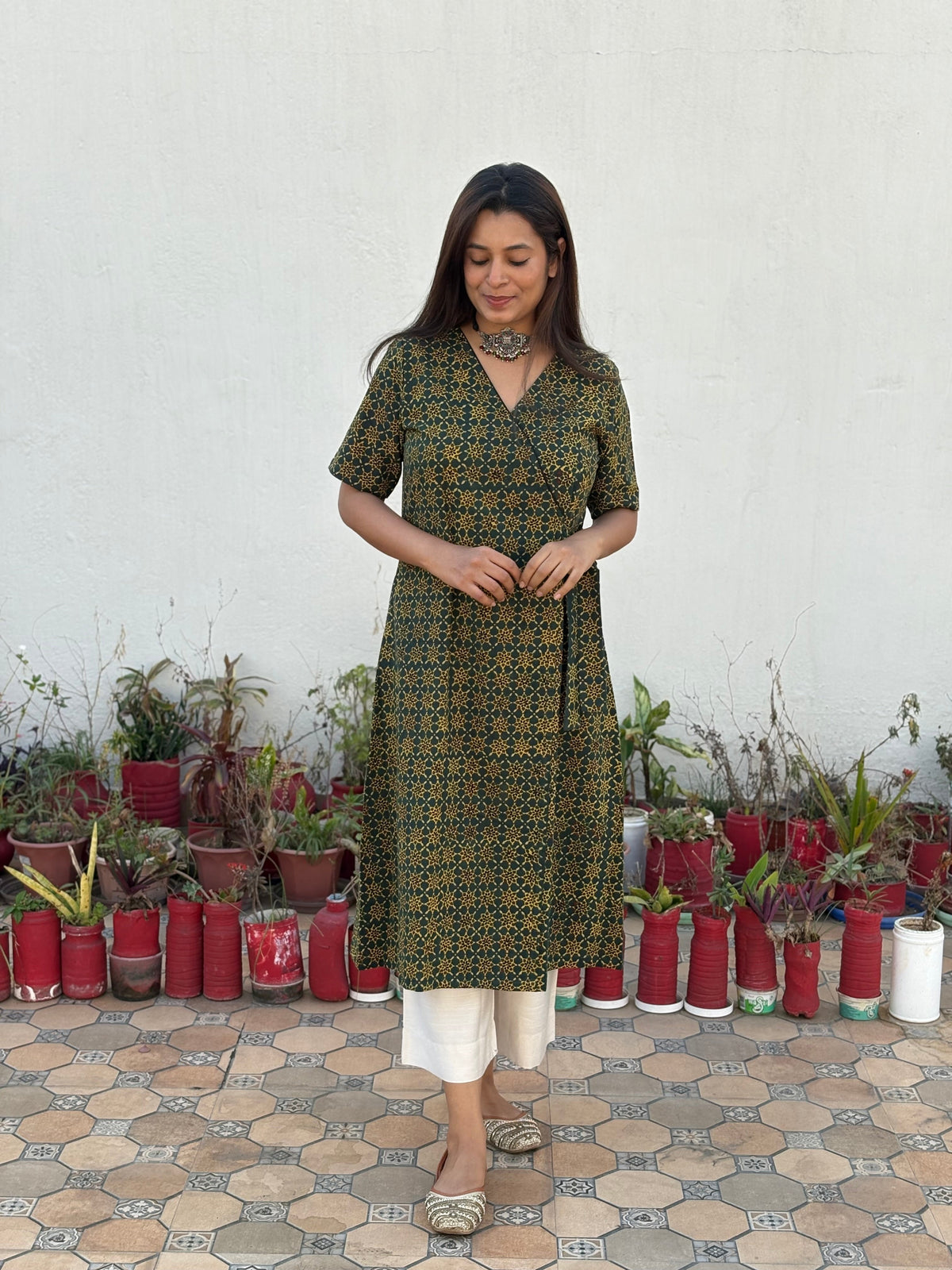Harini Ajrakh Hand Block Printed Wrap Kurta | Green | KanthaIndia