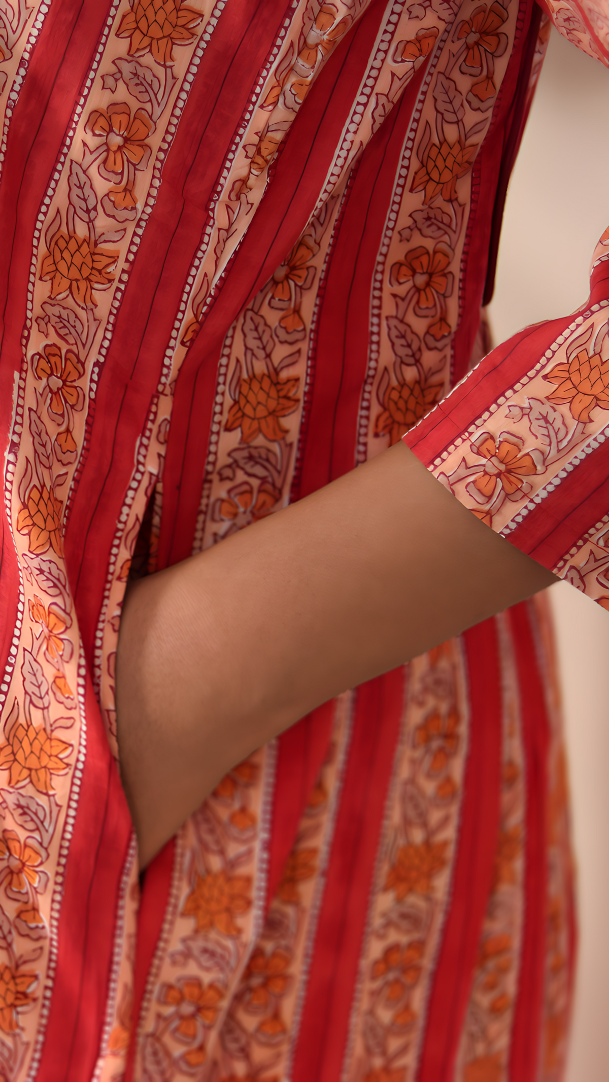 Red Hand Block Printed Cotton Kurta | Pleated with Pockets | KanthaIndia