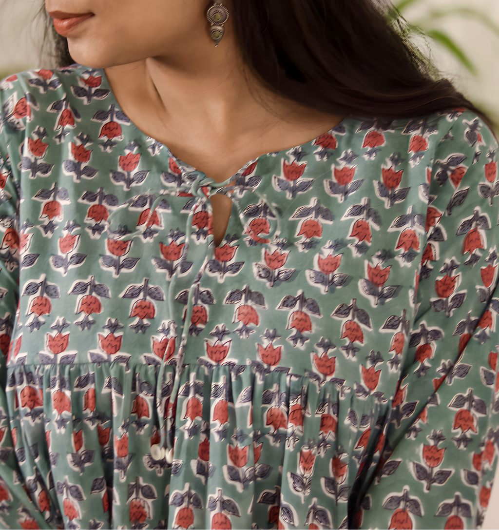 Green Hand Block Printed Cotton Top | Natural Dye | KanthaIndia
