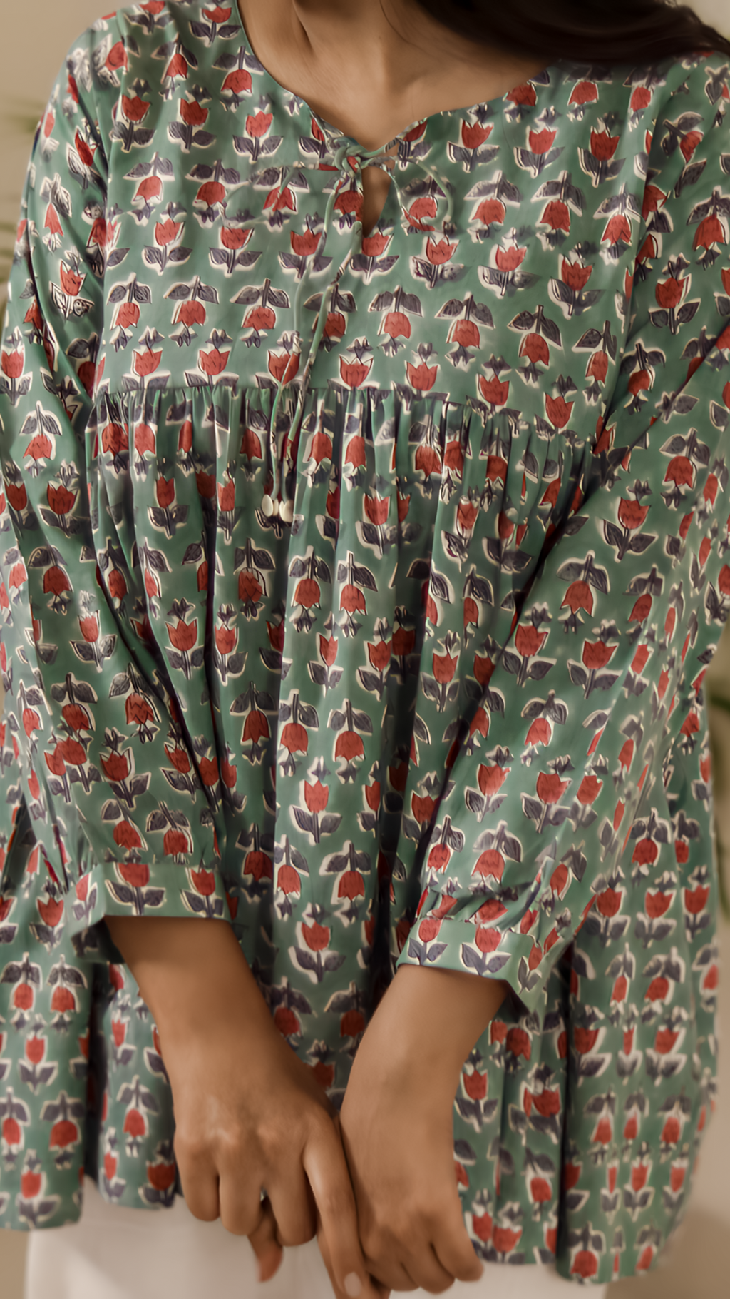 Green Hand Block Printed Cotton Top | Natural Dye | KanthaIndia