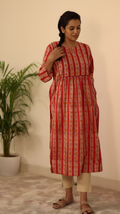 Red Hand Block Printed Cotton Kurta | Pleated with Pockets | KanthaIndia