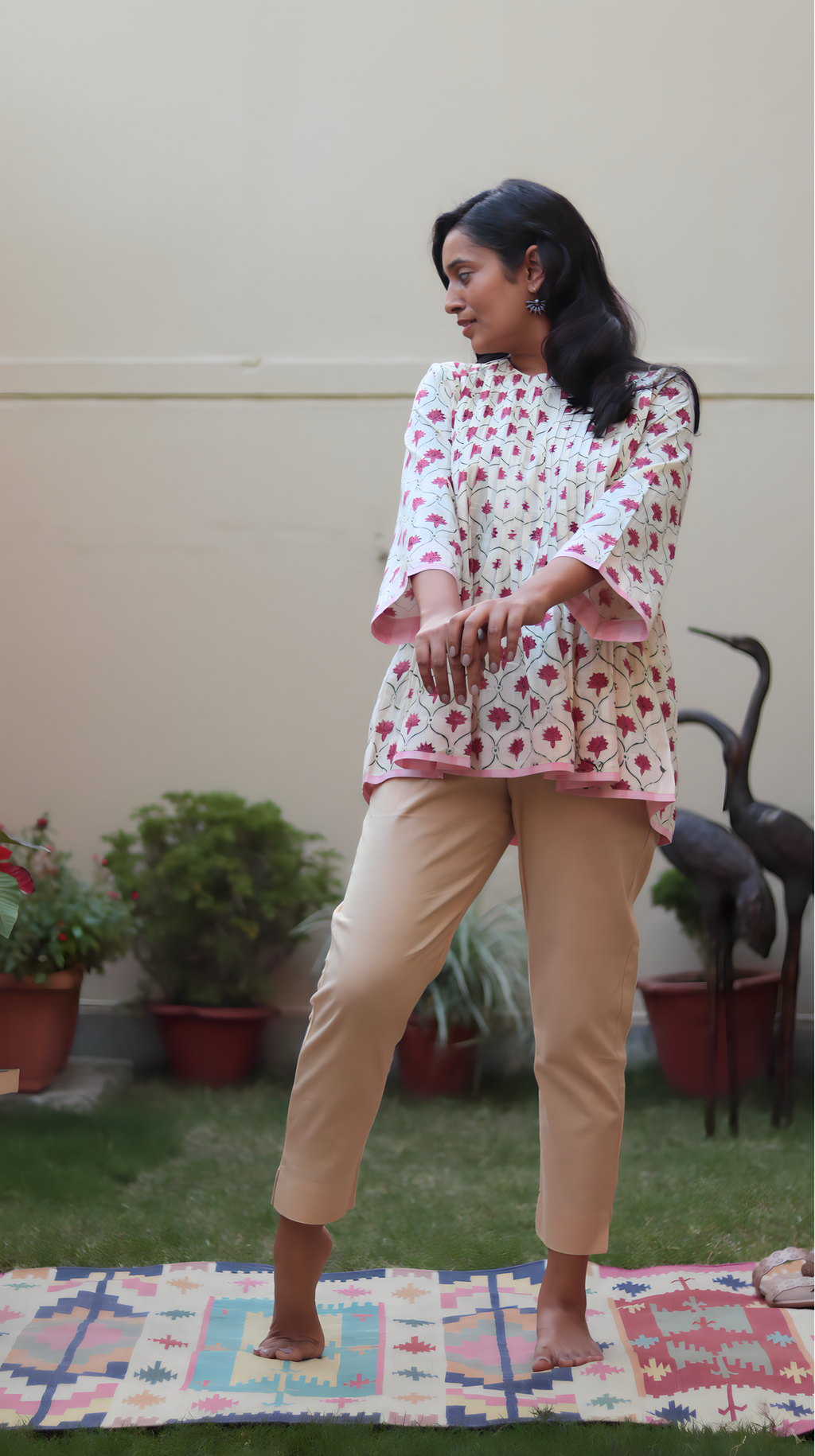 Pink Motif Hand Block Printed Cotton Short Top | KanthaIndia