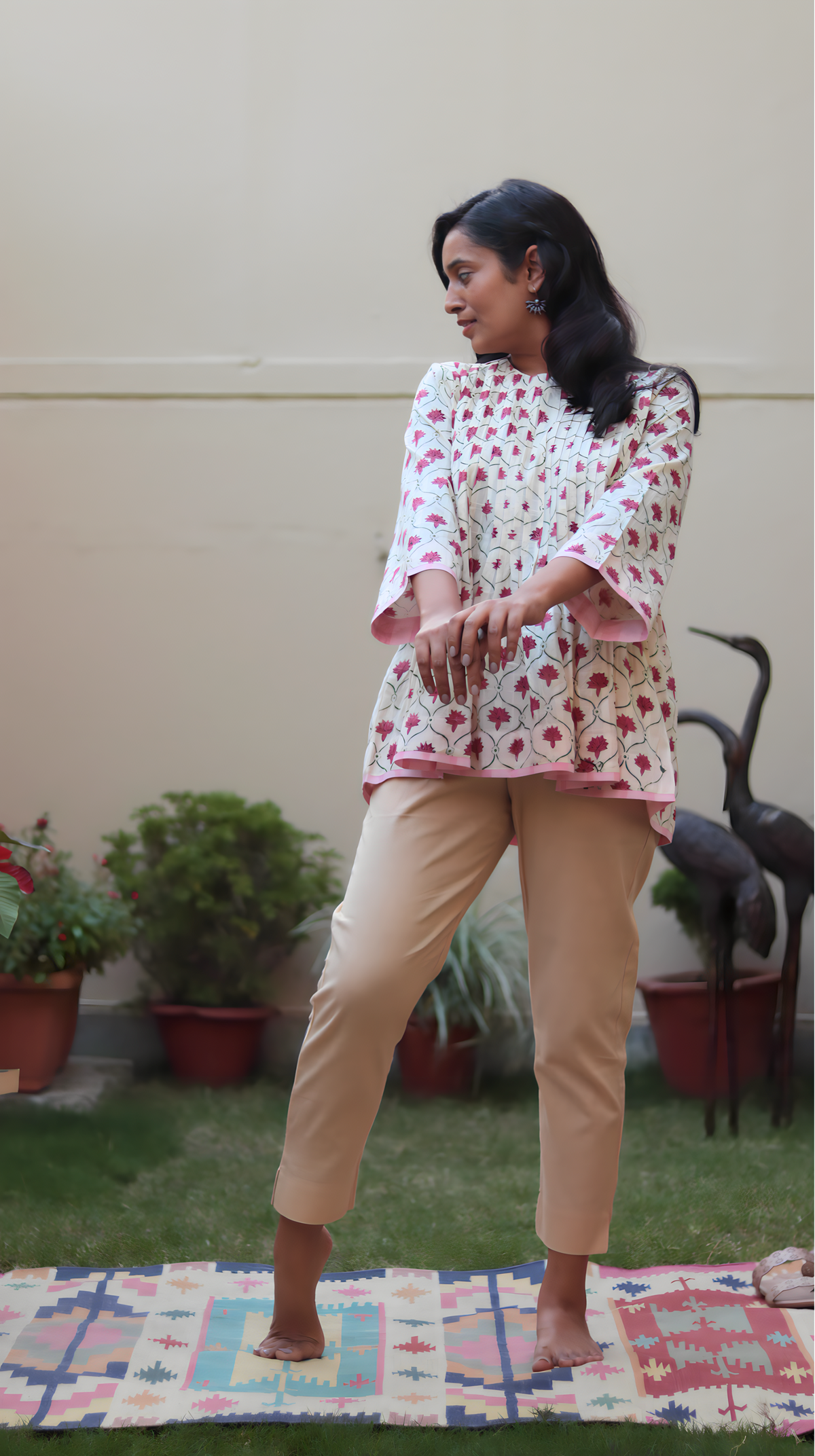 Pink Motif Hand Block Printed Cotton Short Top | KanthaIndia