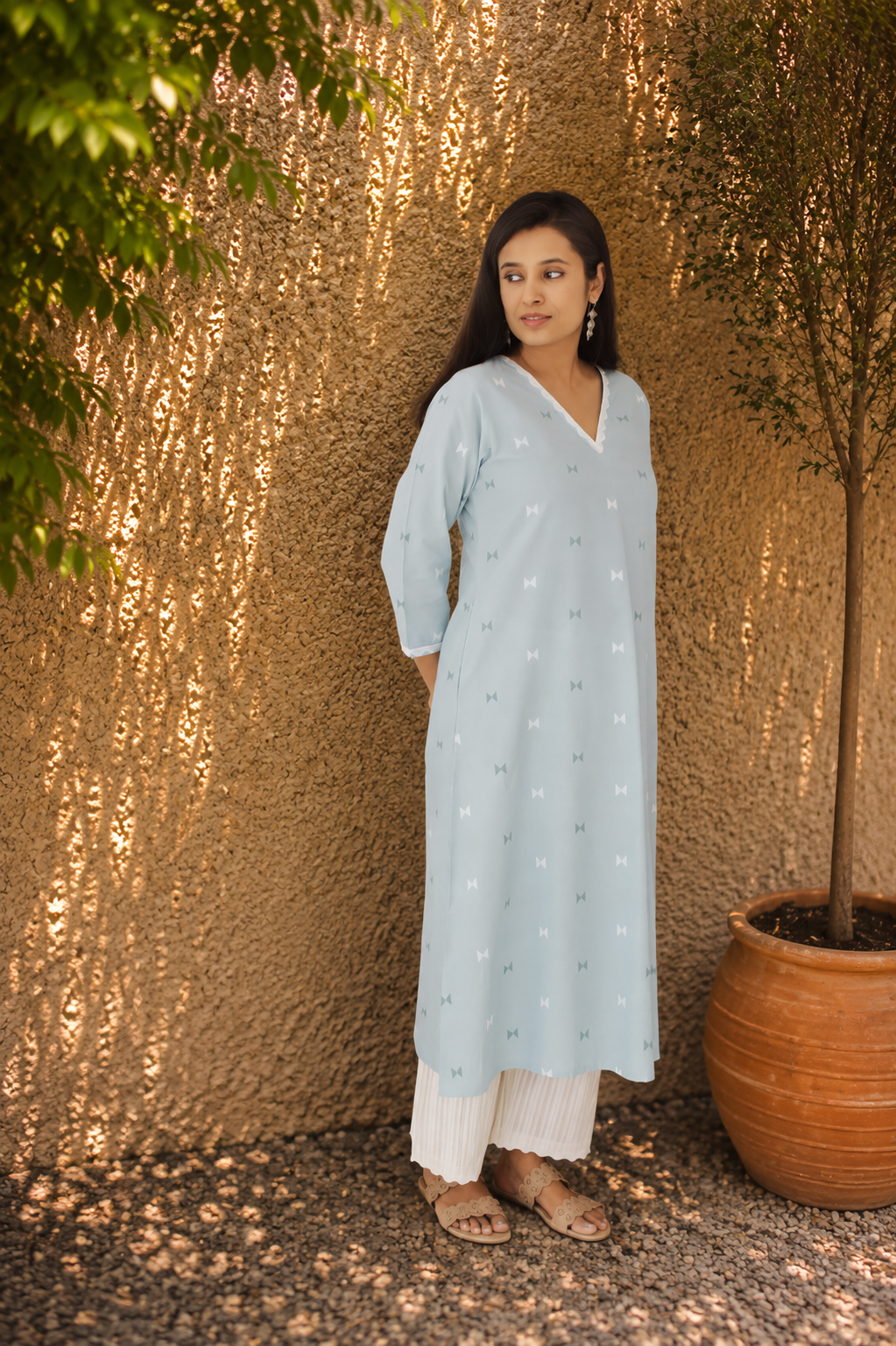 Sky Blue Handloom Cotton Kurta Pant Set | Woven Co-ord | KanthaIndia