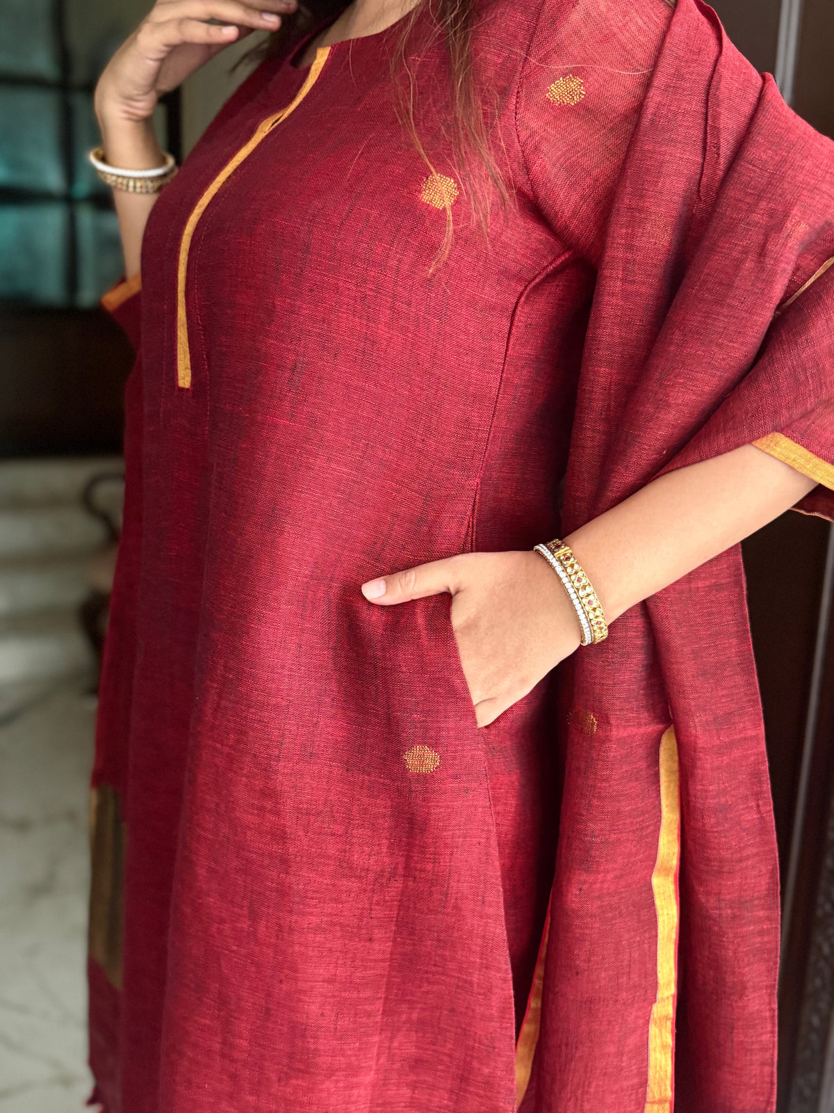 Shanti Red Jamdani Linen Dupatta Suit Set
