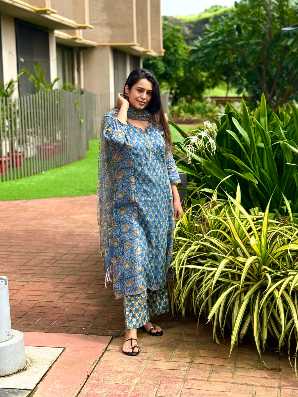 Neelaveni Kota Doria Dupatta Suit Set | KanthaIndia