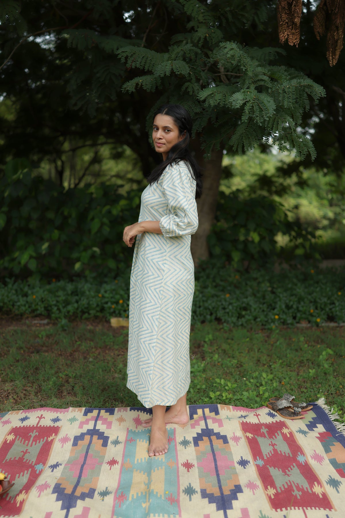 Olivia Hand Block Printed Cotton Midi Dress | Floral | KanthaIndia