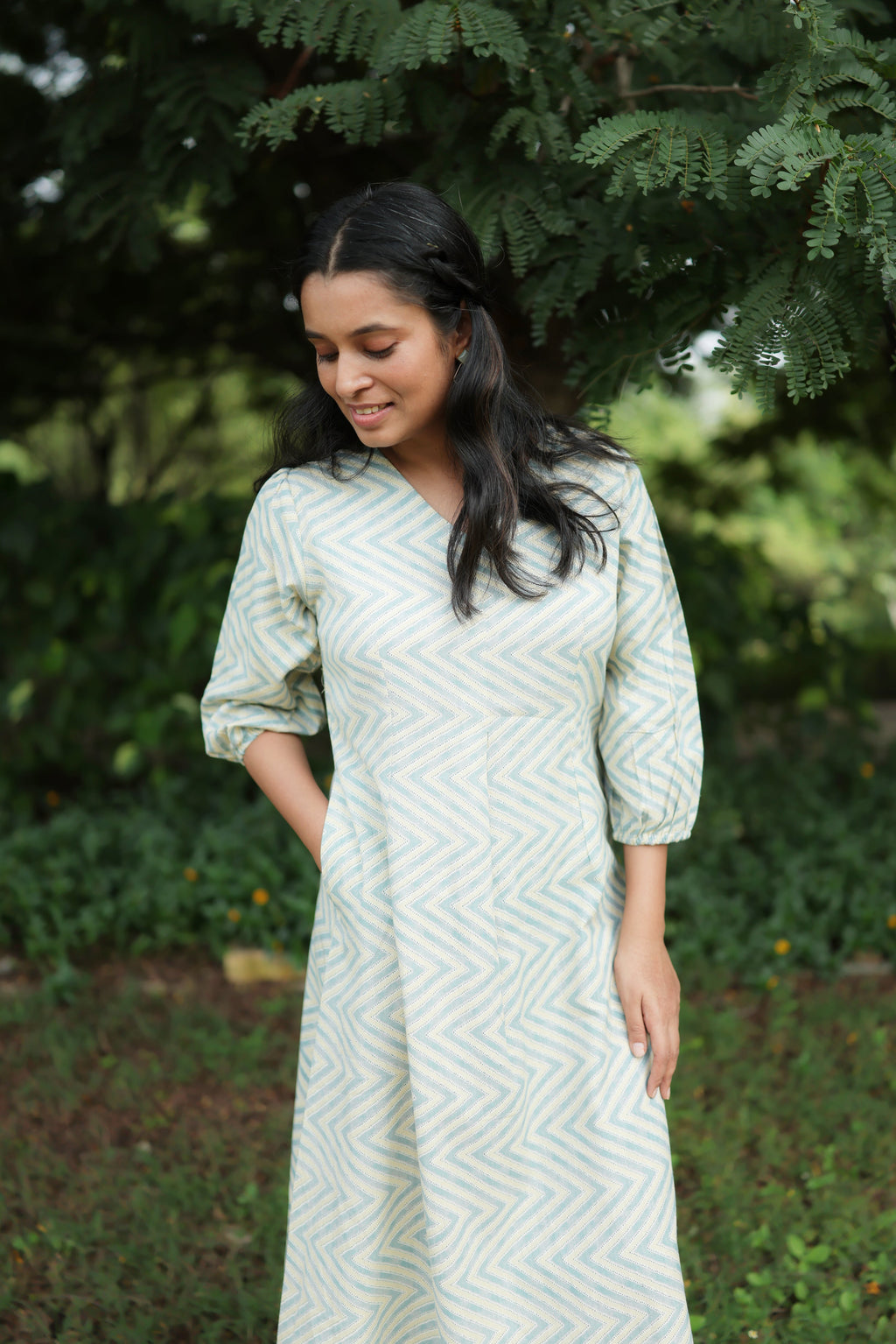 Olivia Hand Block Printed Cotton Midi Dress | Floral | KanthaIndia