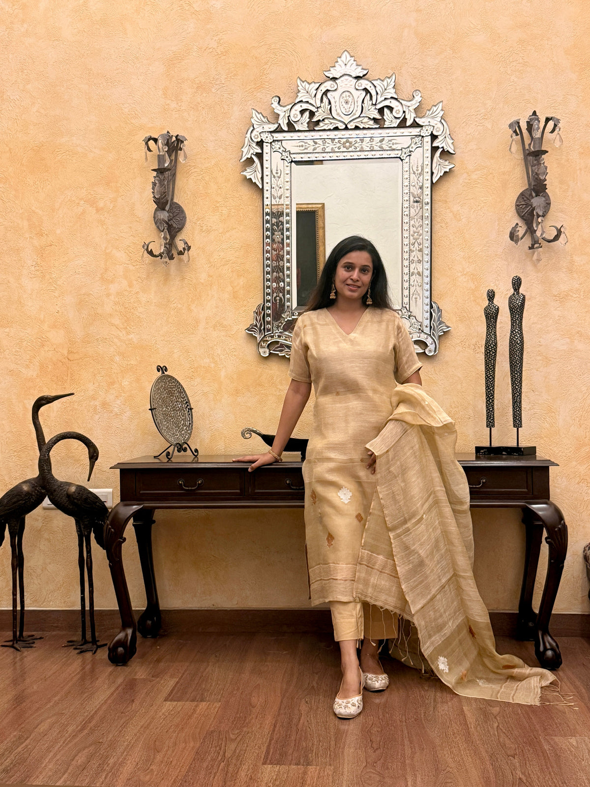 Ananta Beige Jamdani Linen Silk Dupatta Suit Set