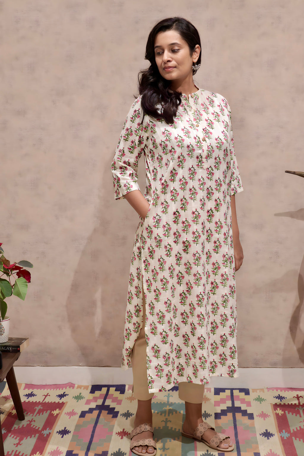 Pink Floral Cotton Kurti | Pure Cotton | KanthaIndia
