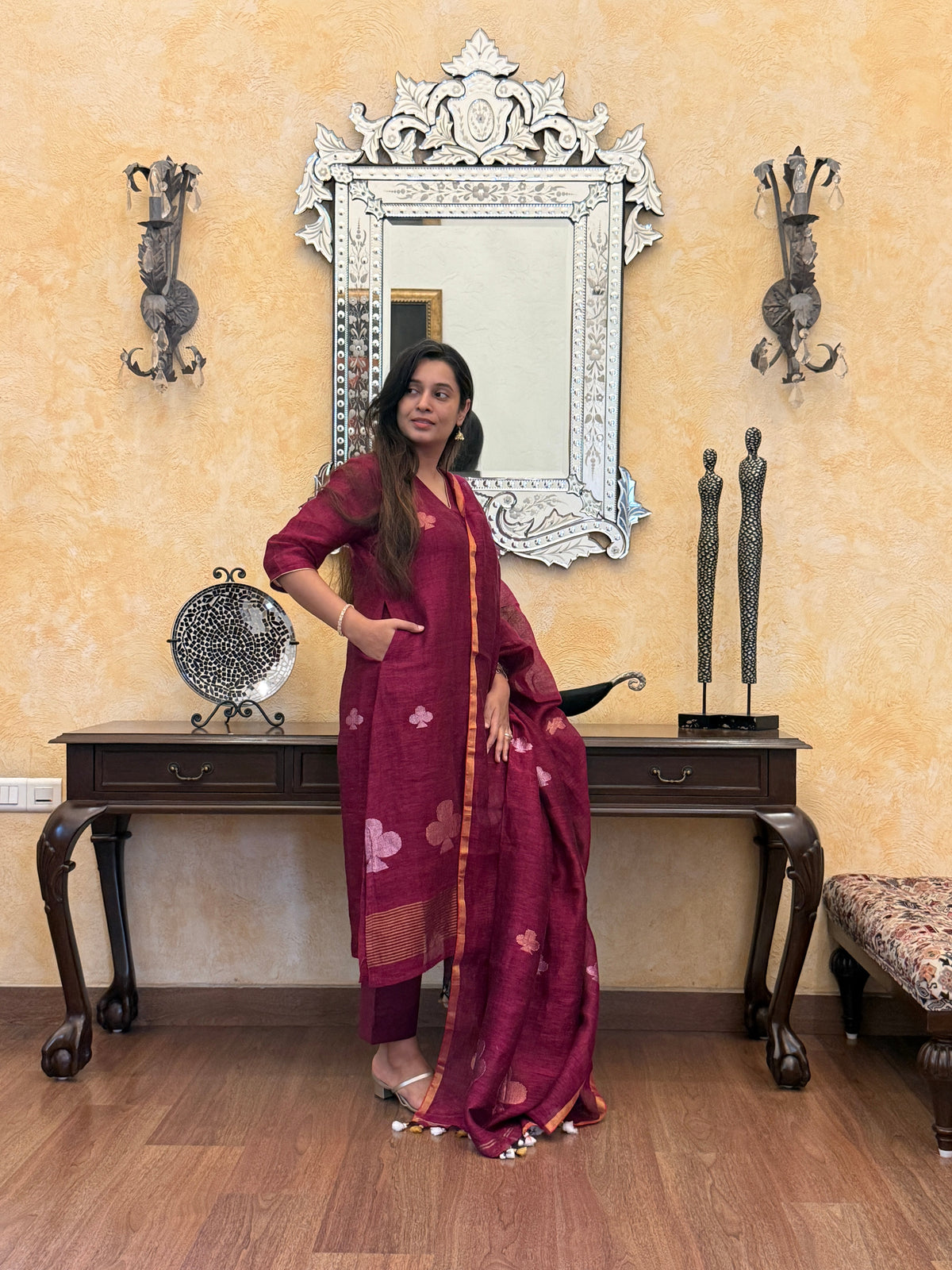Nitya Maroon Jamdani Pan Patta Unstitched Fabric Set