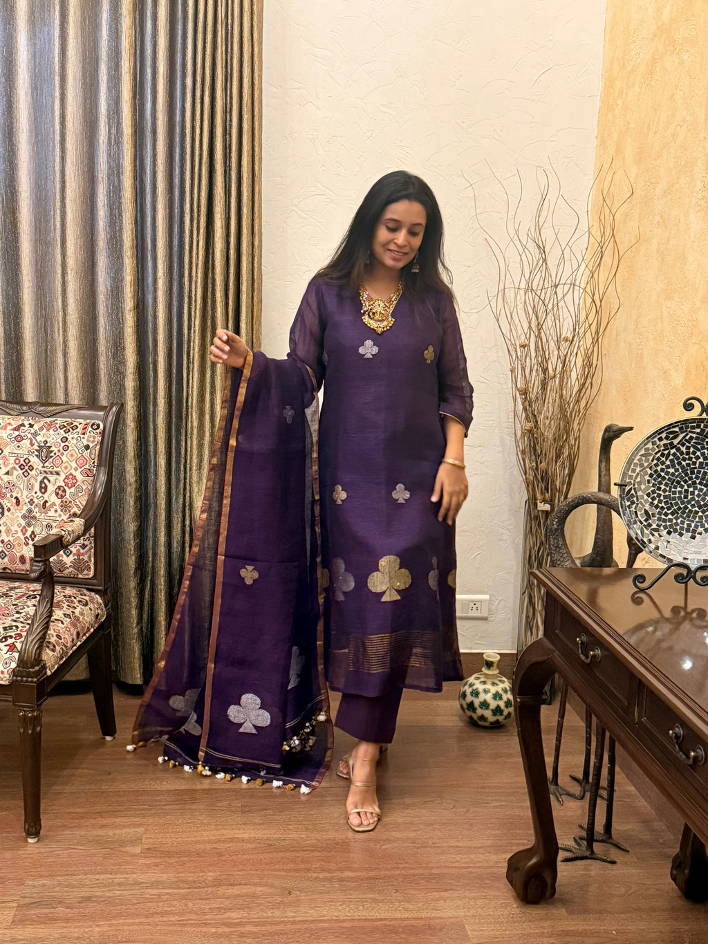 Aroha Purple Jamdani Pan Patta Dupatta Suit Set
