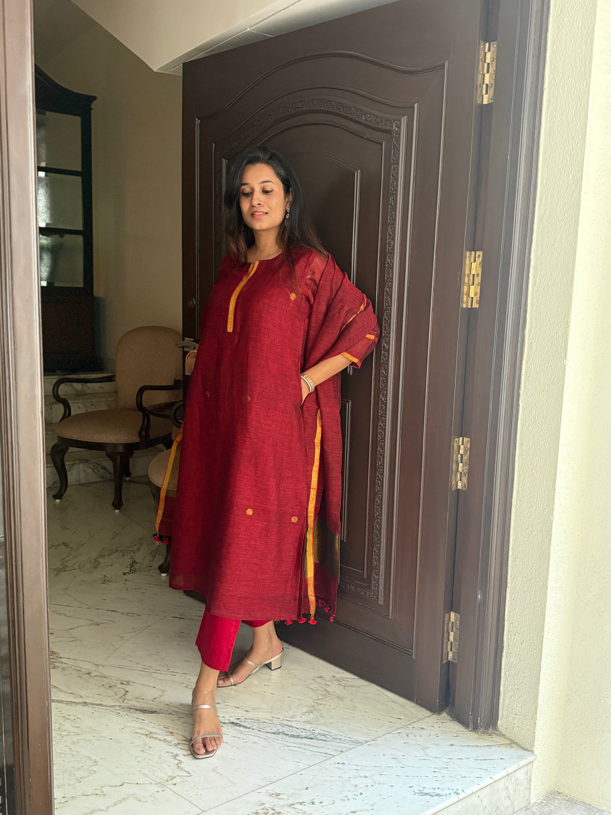 Shanti Red Jamdani Linen Dupatta Suit Set