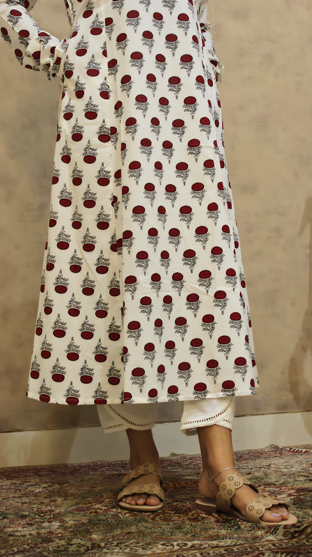 Red Poppy Anarkali Kurti | Pure Cotton | KanthaIndia