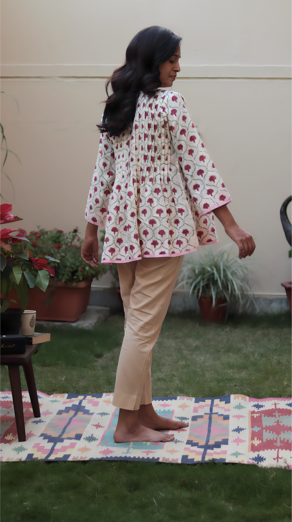 Pink Motif Hand Block Printed Cotton Short Top | KanthaIndia