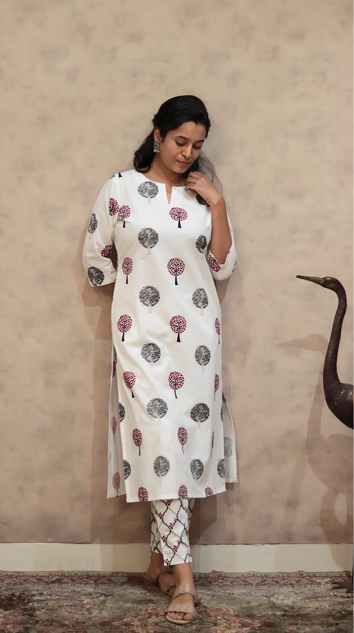 Sugar Maple Cotton Kurta Pant Set | Tree Print | KanthaIndia