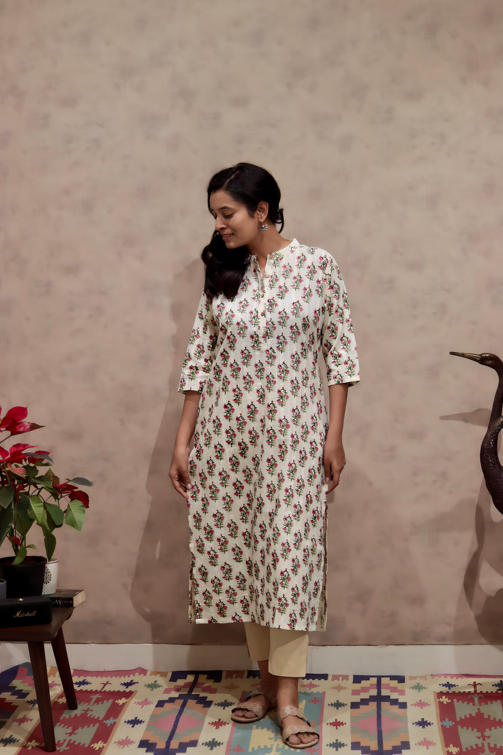 Pink Floral Cotton Kurti | Pure Cotton | KanthaIndia