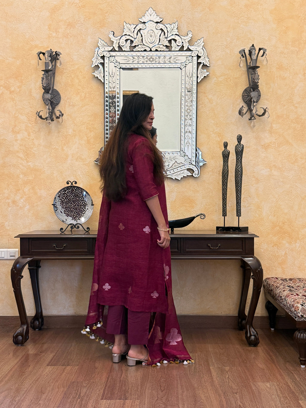 Nitya Maroon Jamdani Pan Patta Unstitched Fabric Set
