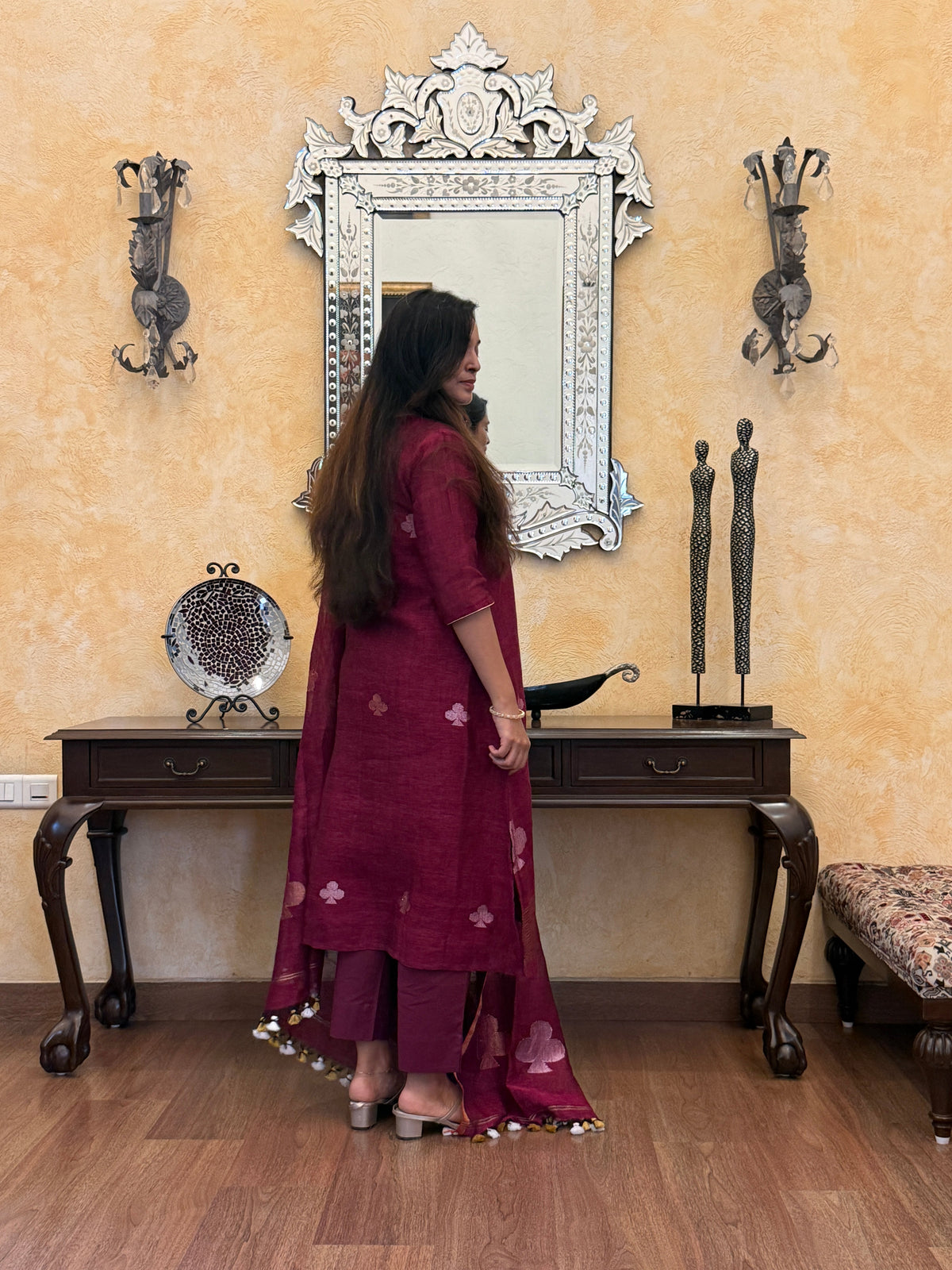 Nitya Maroon Jamdani Pan Patta Dupatta Suit Set