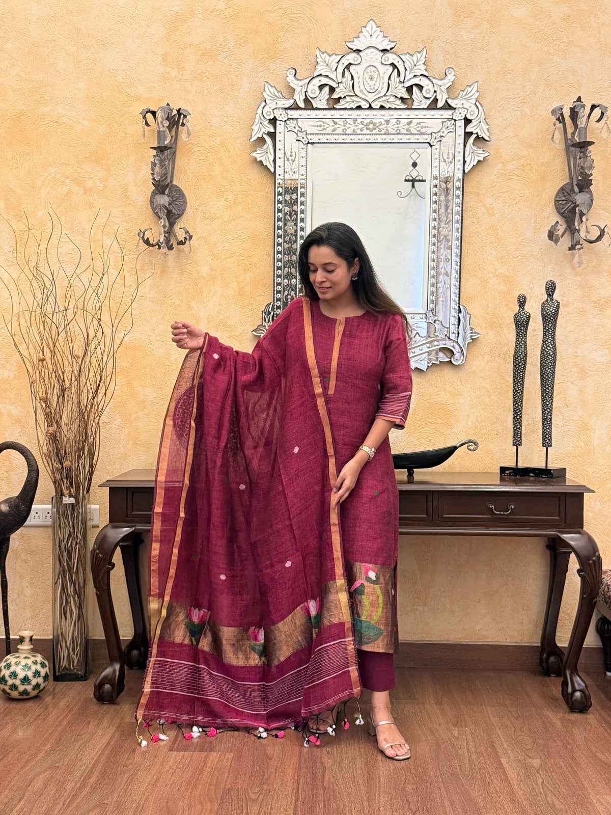 Antara Maroon Jamdani Paithani Dupatta Suit Set