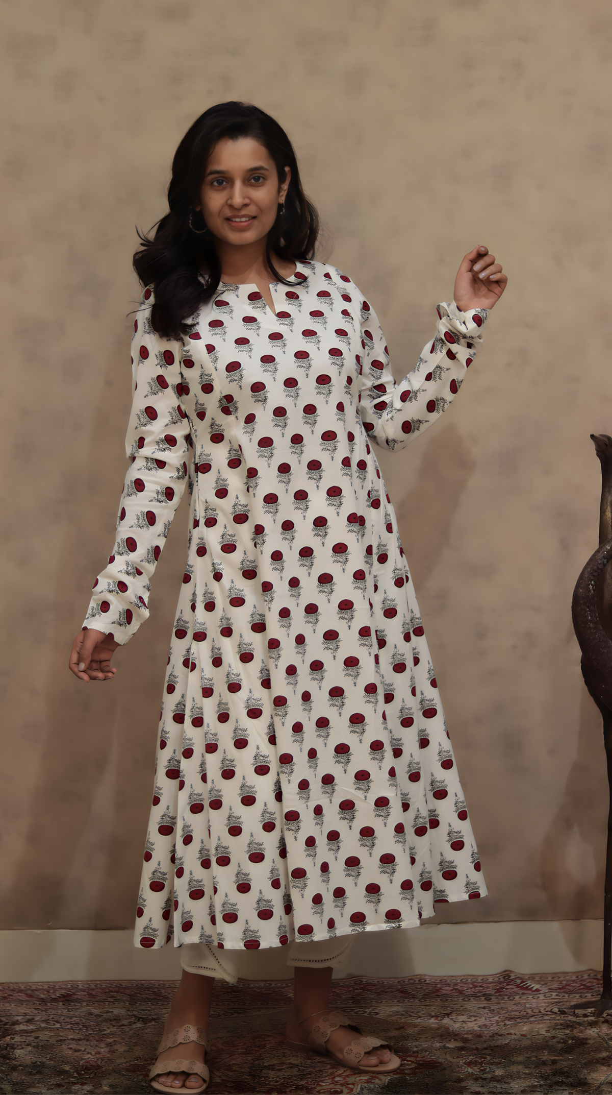Red Poppy Anarkali Kurti | Pure Cotton | KanthaIndia