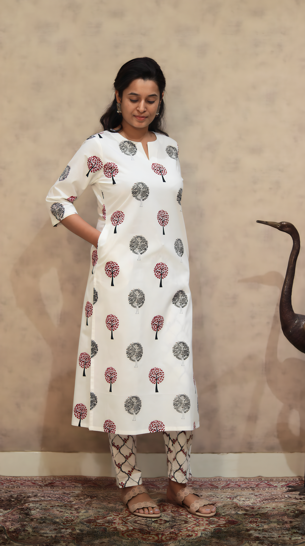 Sugar Maple Cotton Kurta Pant Set | Tree Print | KanthaIndia