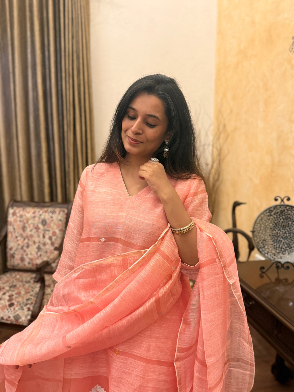 Aarambh Pink Jamdani Linen Silk Dupatta Suit Set