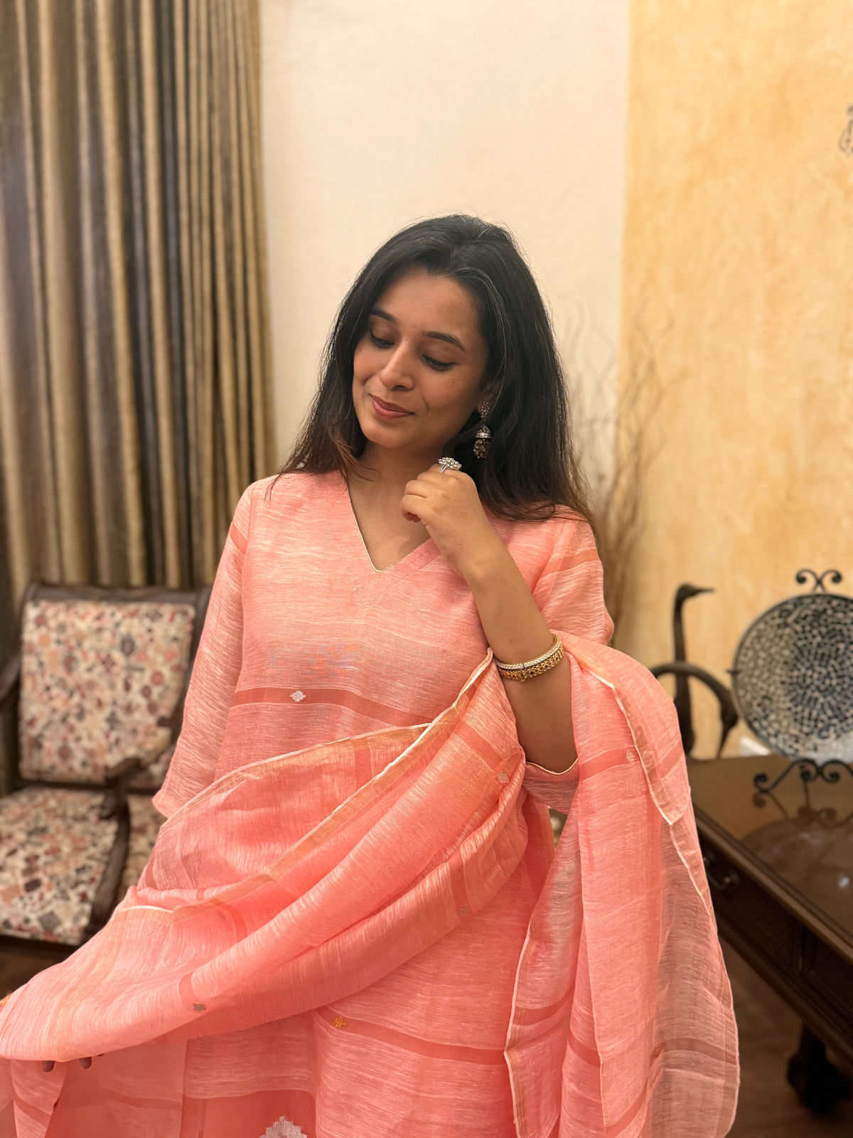 Aarambh Pink Jamdani Linen Silk Dupatta Suit Set