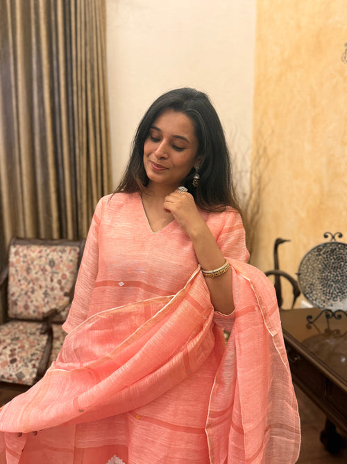Aarambh Pink Jamdani Linen Silk Dupatta Suit Set