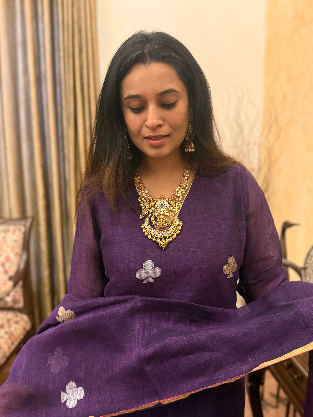 Aroha Purple Jamdani Pan Patta Dupatta Suit Set