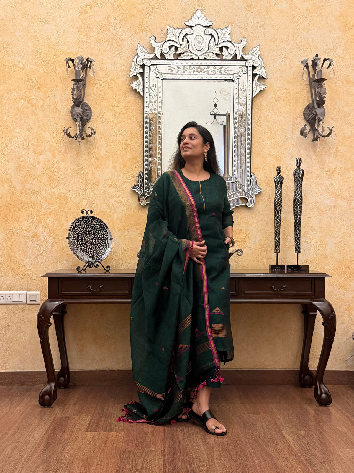 Peacock Green Jamdani Unstitched Fabric Set