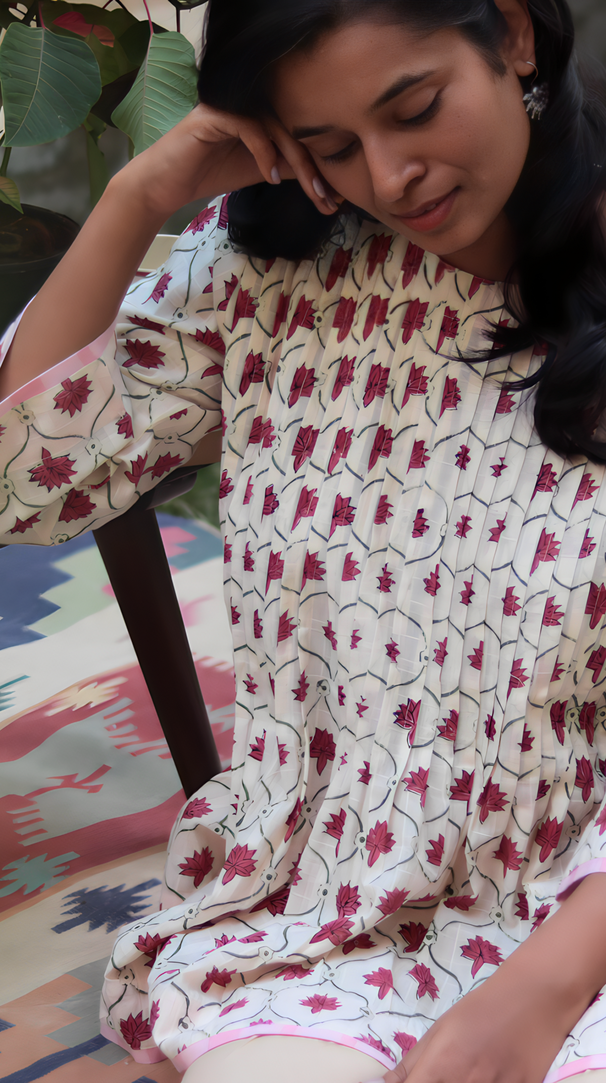 Pink Motif Hand Block Printed Cotton Short Top | KanthaIndia