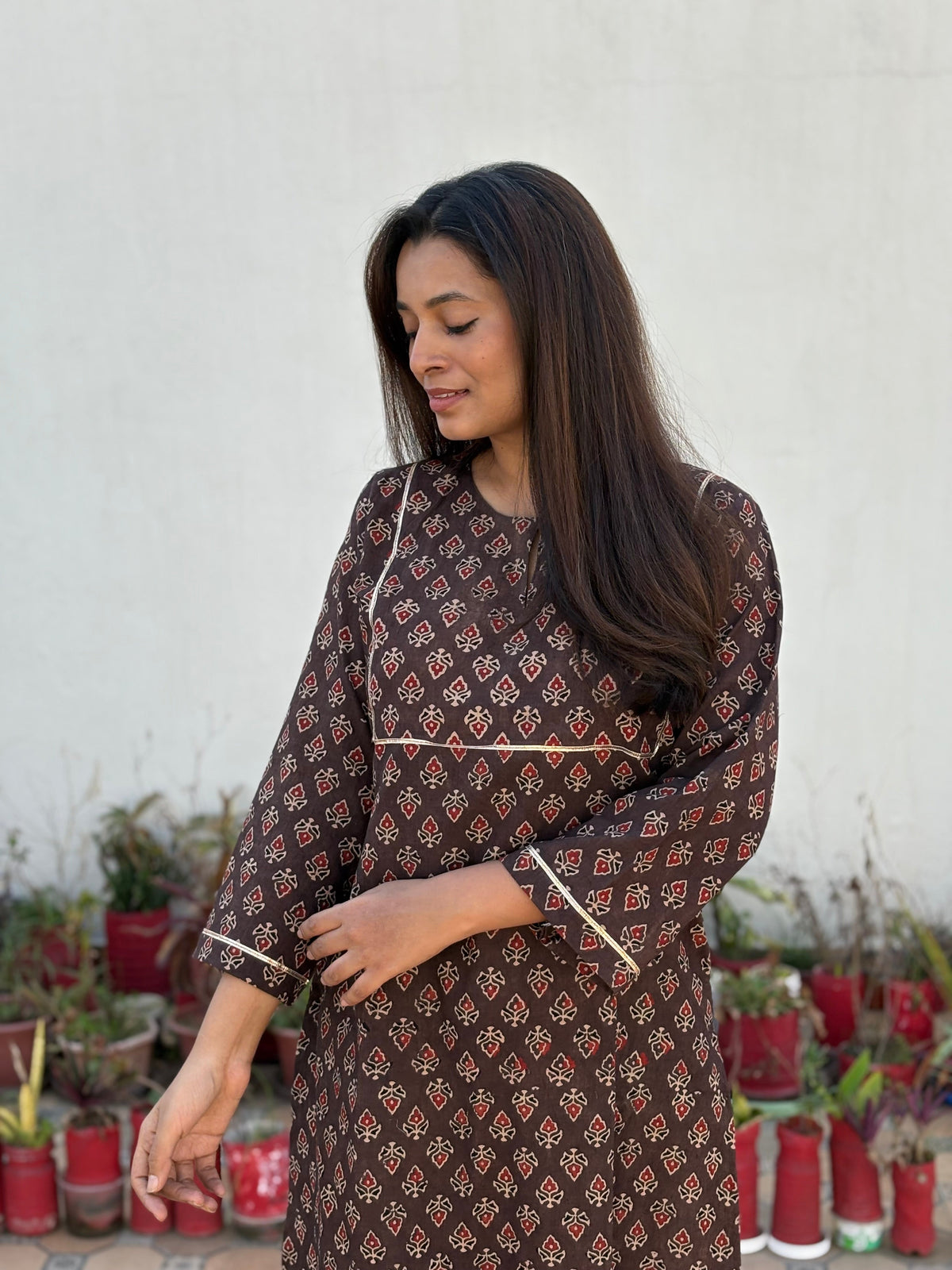 Prithvi Ajrakh Hand Block Printed Cotton Kurta | Earthy Brown | KanthaIndia