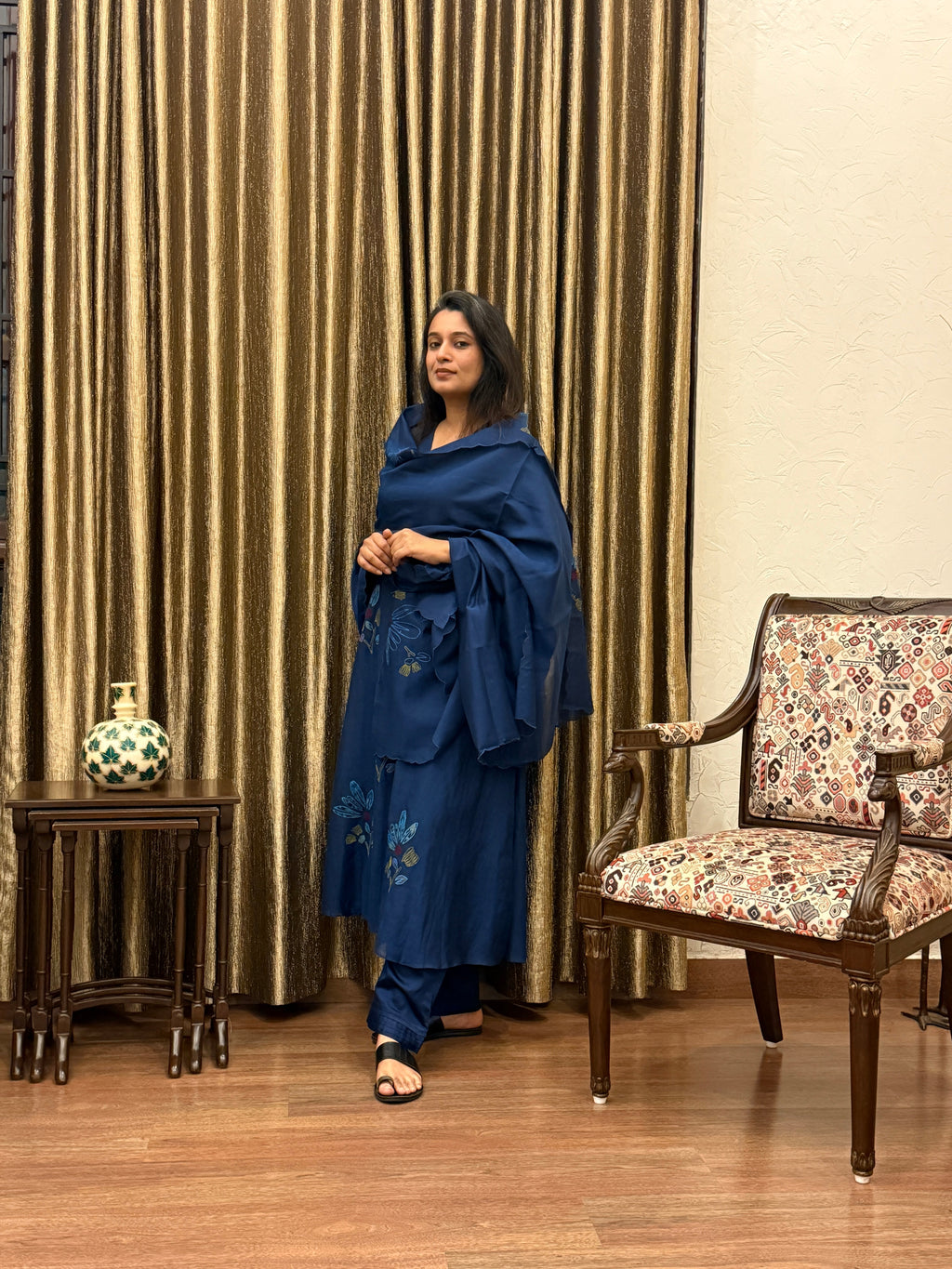Prussian Blue Floral Appliqué Mul Chanderi Kurta Set