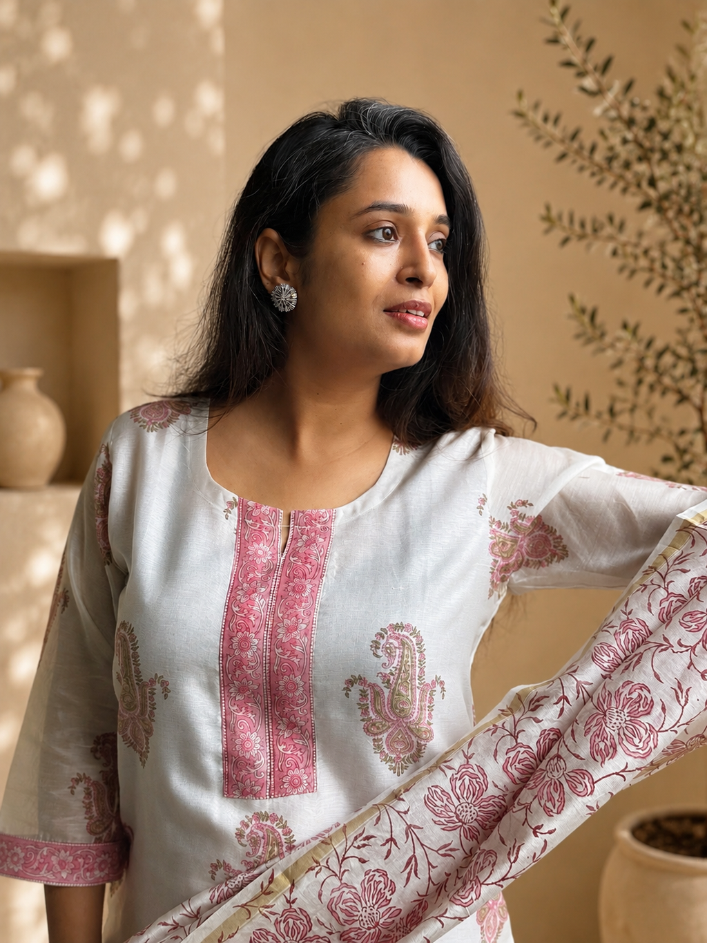 Gulbarg Chanderi Silk Kurti Pant Dupatta Set | Pink | KanthaIndia