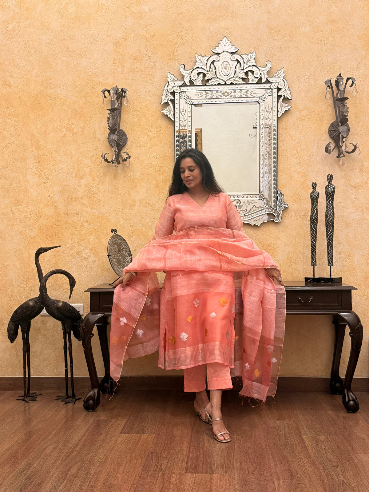 Aarambh Pink Jamdani Linen Silk Dupatta Suit Set