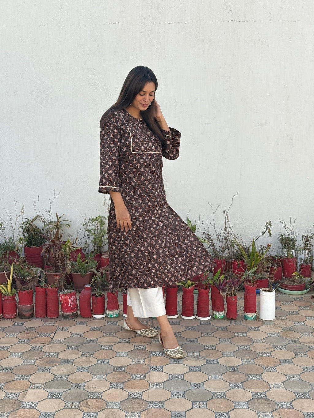 Prithvi Ajrakh Hand Block Printed Cotton Kurta | Earthy Brown | KanthaIndia