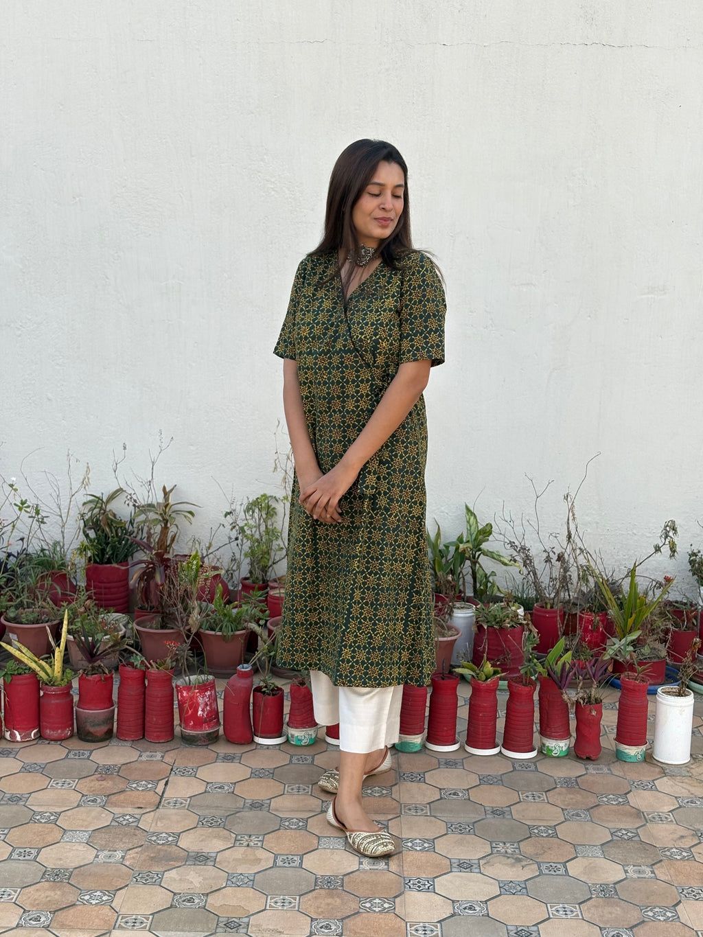 Harini Ajrakh Hand Block Printed Wrap Kurta | Green | KanthaIndia
