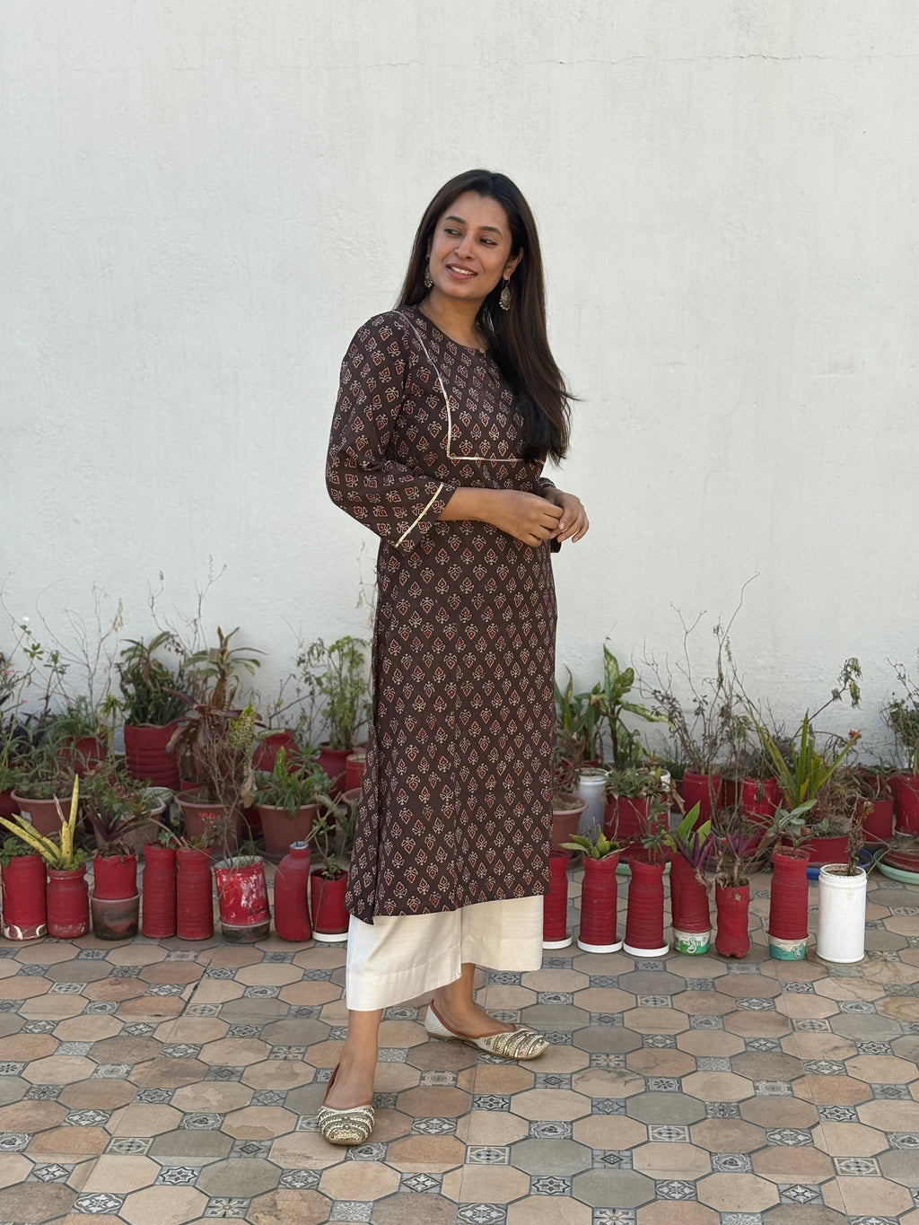 Prithvi Ajrakh Hand Block Printed Cotton Kurta | Earthy Brown | KanthaIndia