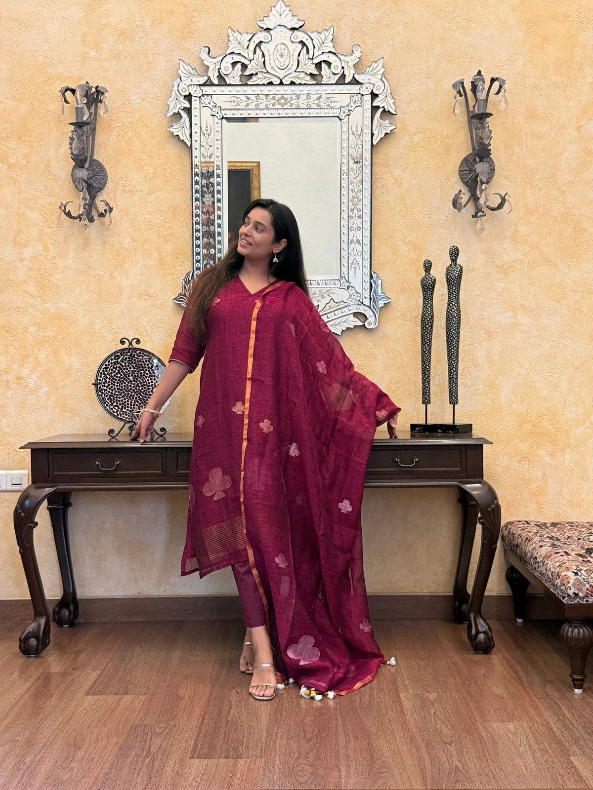 Nitya Maroon Jamdani Pan Patta Dupatta Suit Set