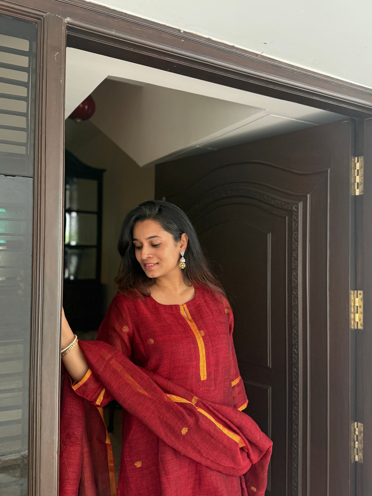 Shanti Red Jamdani Linen Dupatta Suit Set