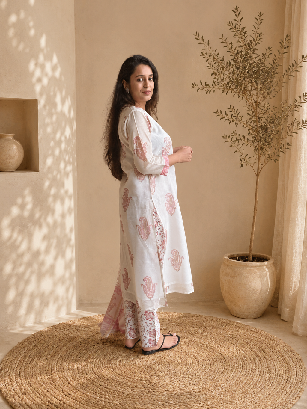 Gulbarg Chanderi Silk Kurti Pant Dupatta Set | Pink | KanthaIndia