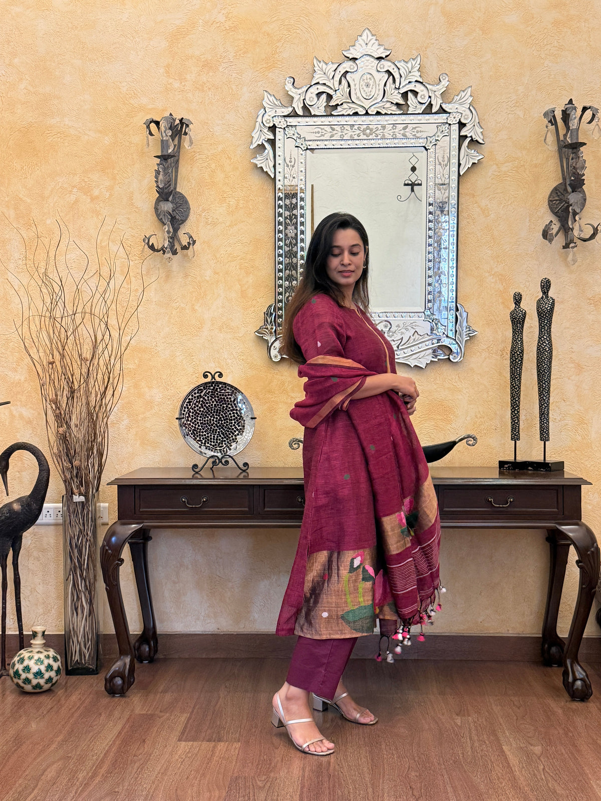 Antara Maroon Jamdani Paithani Dupatta Suit Set
