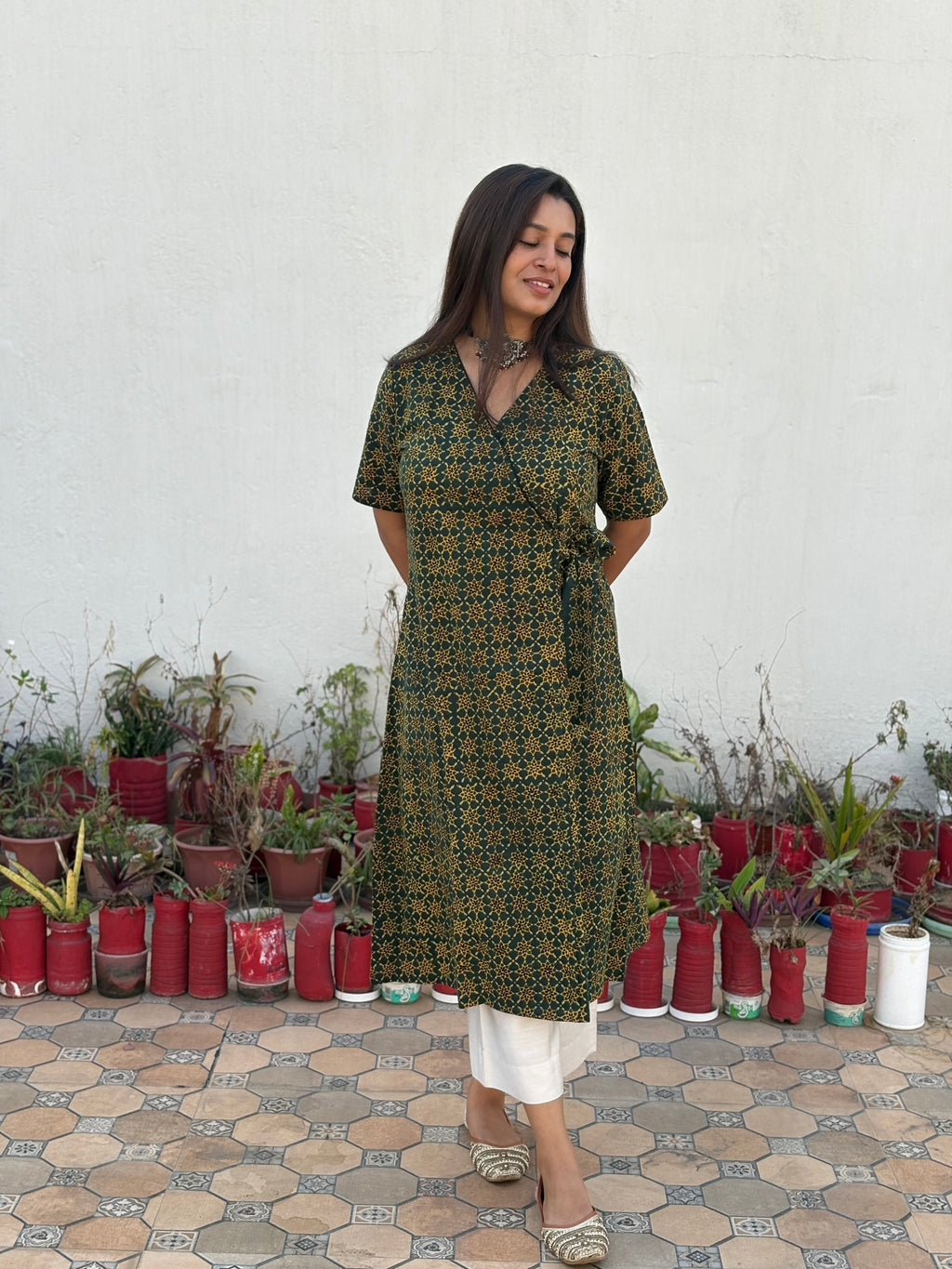 Harini Ajrakh Hand Block Printed Wrap Kurta | Green | KanthaIndia