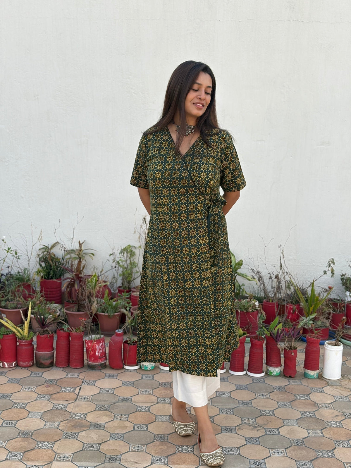 Harini Ajrakh Hand Block Printed Wrap Kurta | Green | KanthaIndia