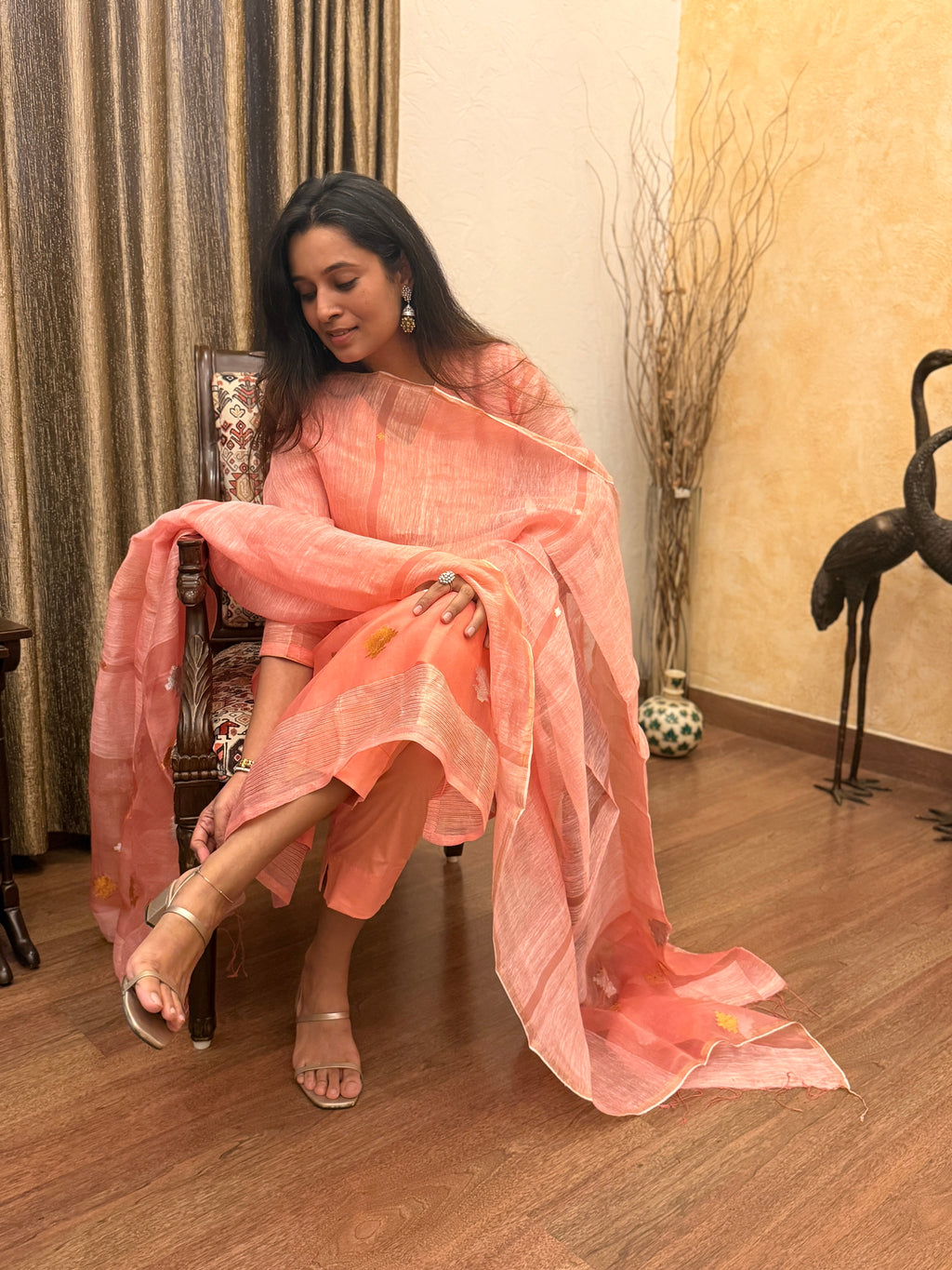 Aarambh Pink Jamdani Linen Silk Dupatta Suit Set