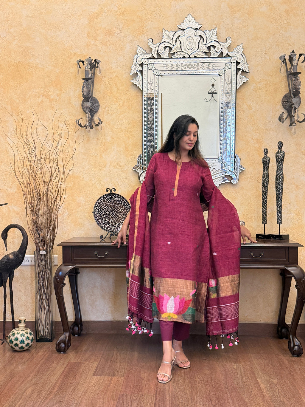Antara Maroon Jamdani Paithani Unstitched Fabric Set
