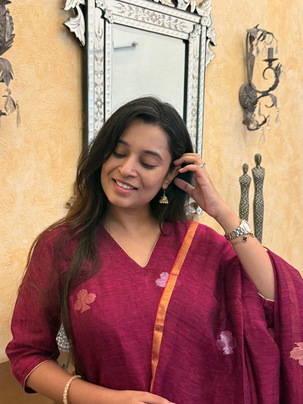 Nitya Maroon Jamdani Pan Patta Dupatta Suit Set
