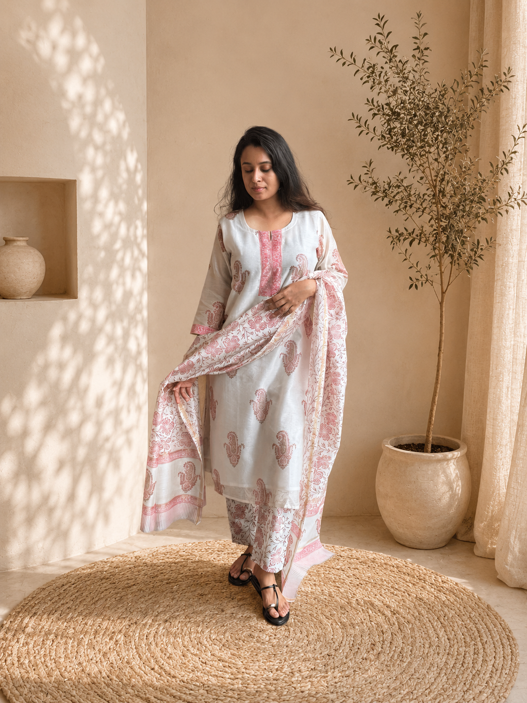 Gulbarg Chanderi Silk Kurti Pant Dupatta Set | Pink | KanthaIndia