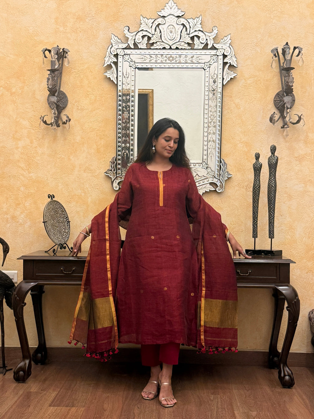 Shanti Red Jamdani Linen Dupatta Suit Set